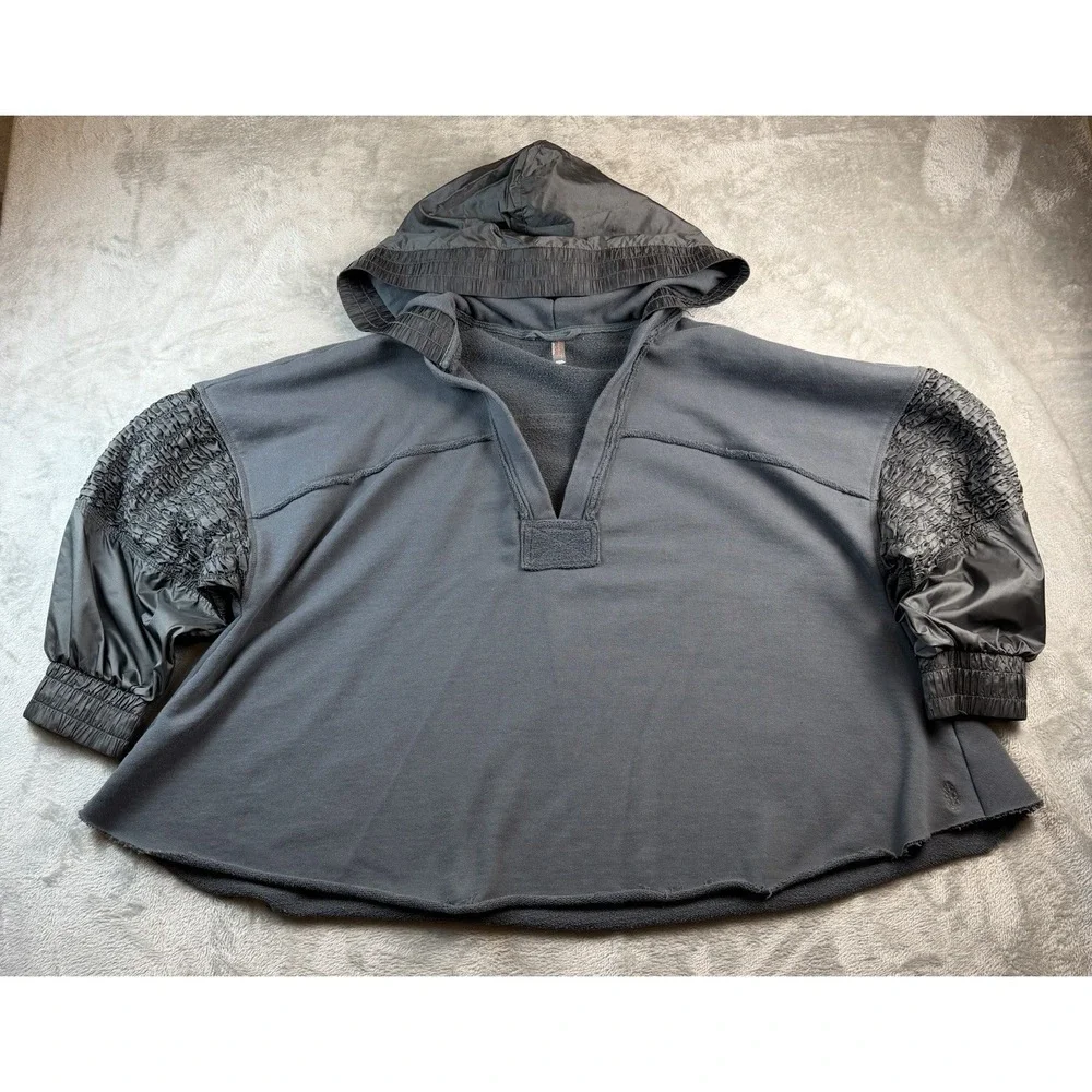 Free People FP Movement Hoodie Gray Large Oversized Mixed Media Smocked‎ Sleeves